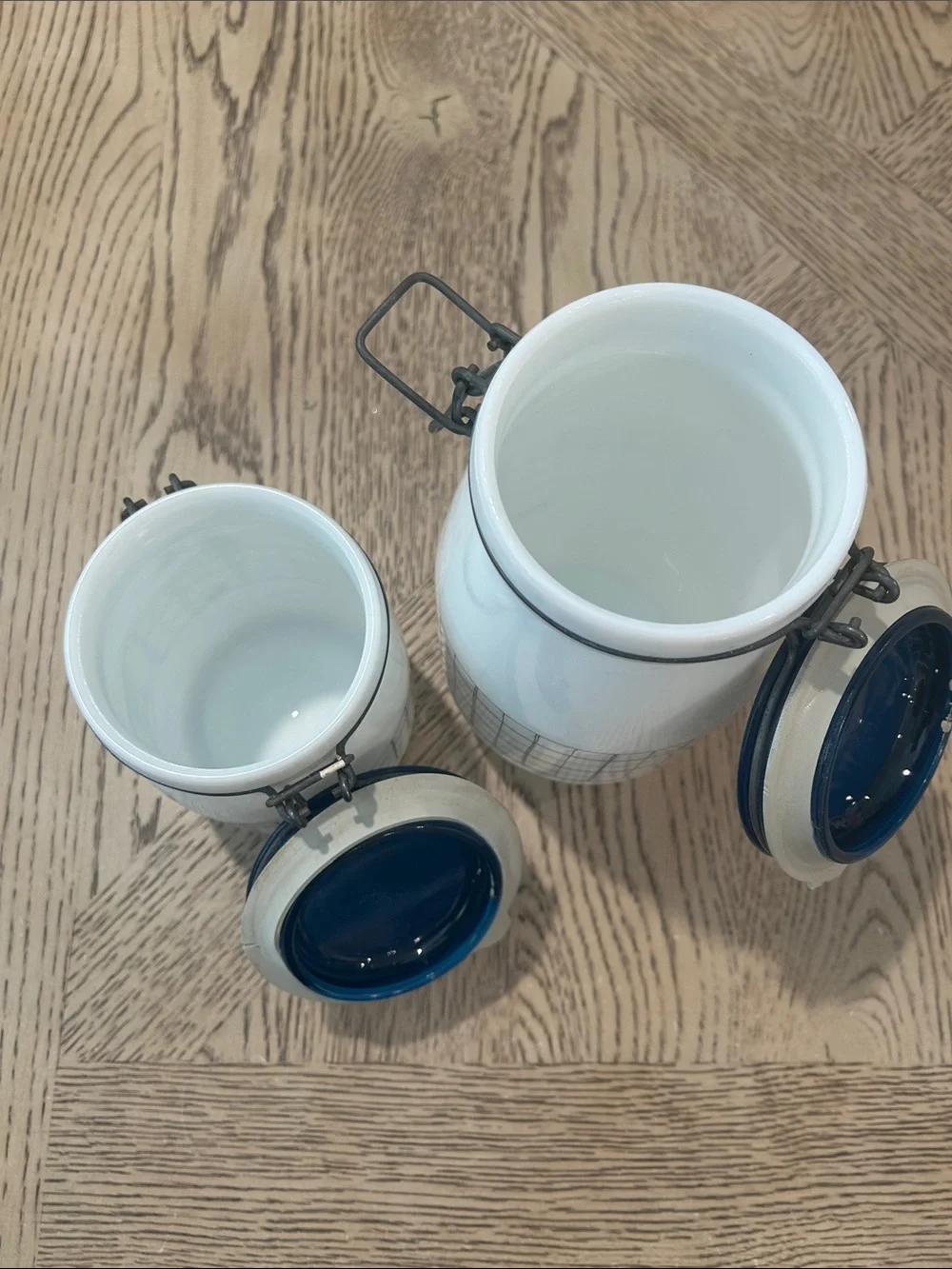 Vintage Wheaton Milk glass Tea & Sugar Canister Set in White with Blue Lids